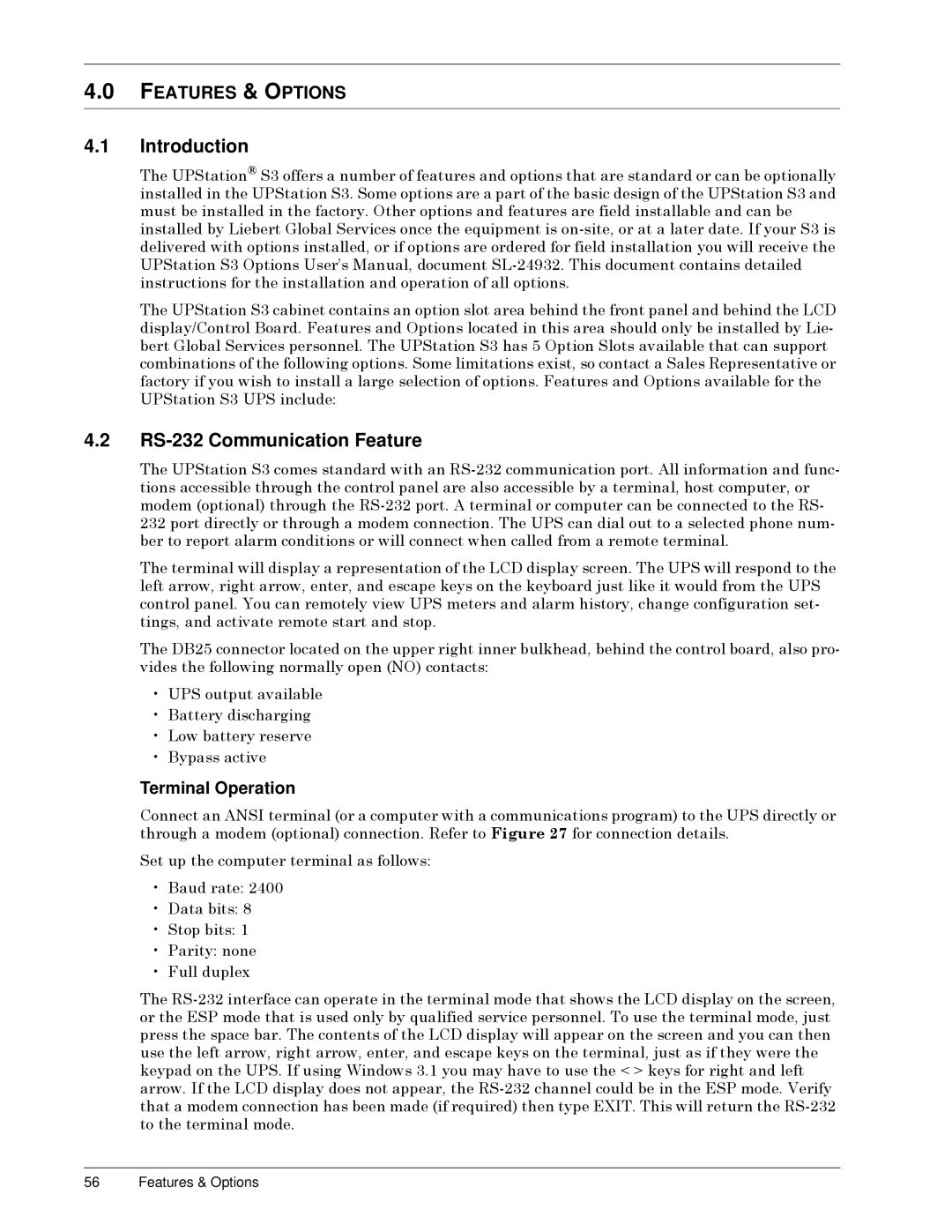 Liebert 50 and 60 Hz, S3 user manual Introduction, RS-232 Communication Feature, Terminal Operation 