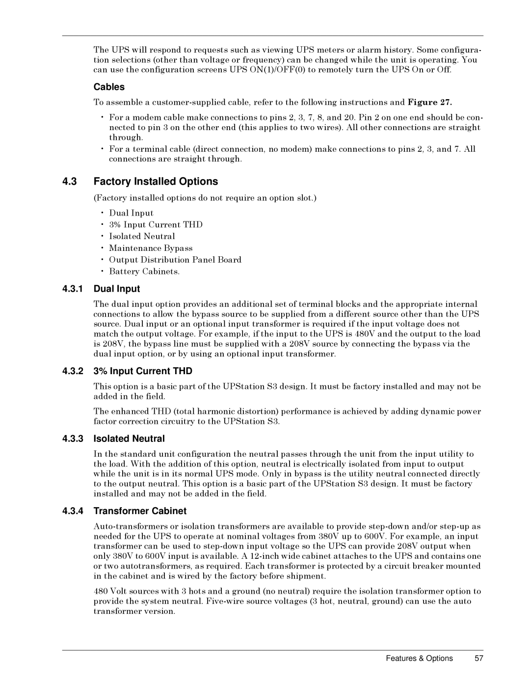 Liebert S3, 50 and 60 Hz user manual Factory Installed Options 