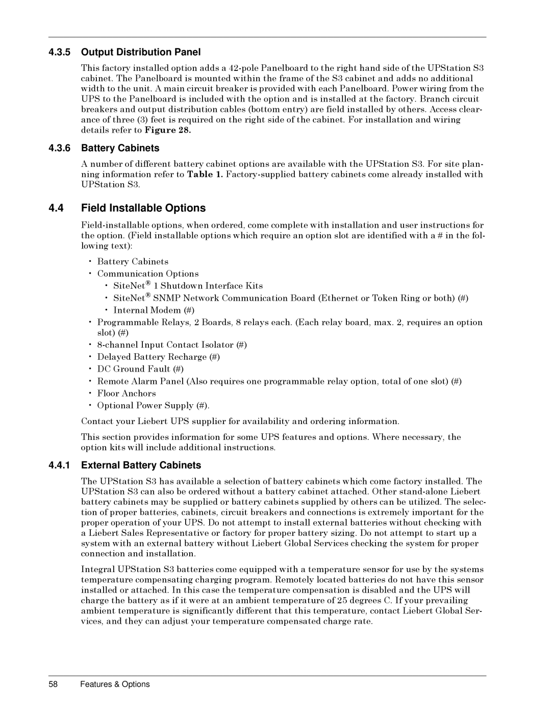 Liebert 50 and 60 Hz, S3 user manual Field Installable Options, Output Distribution Panel, External Battery Cabinets 