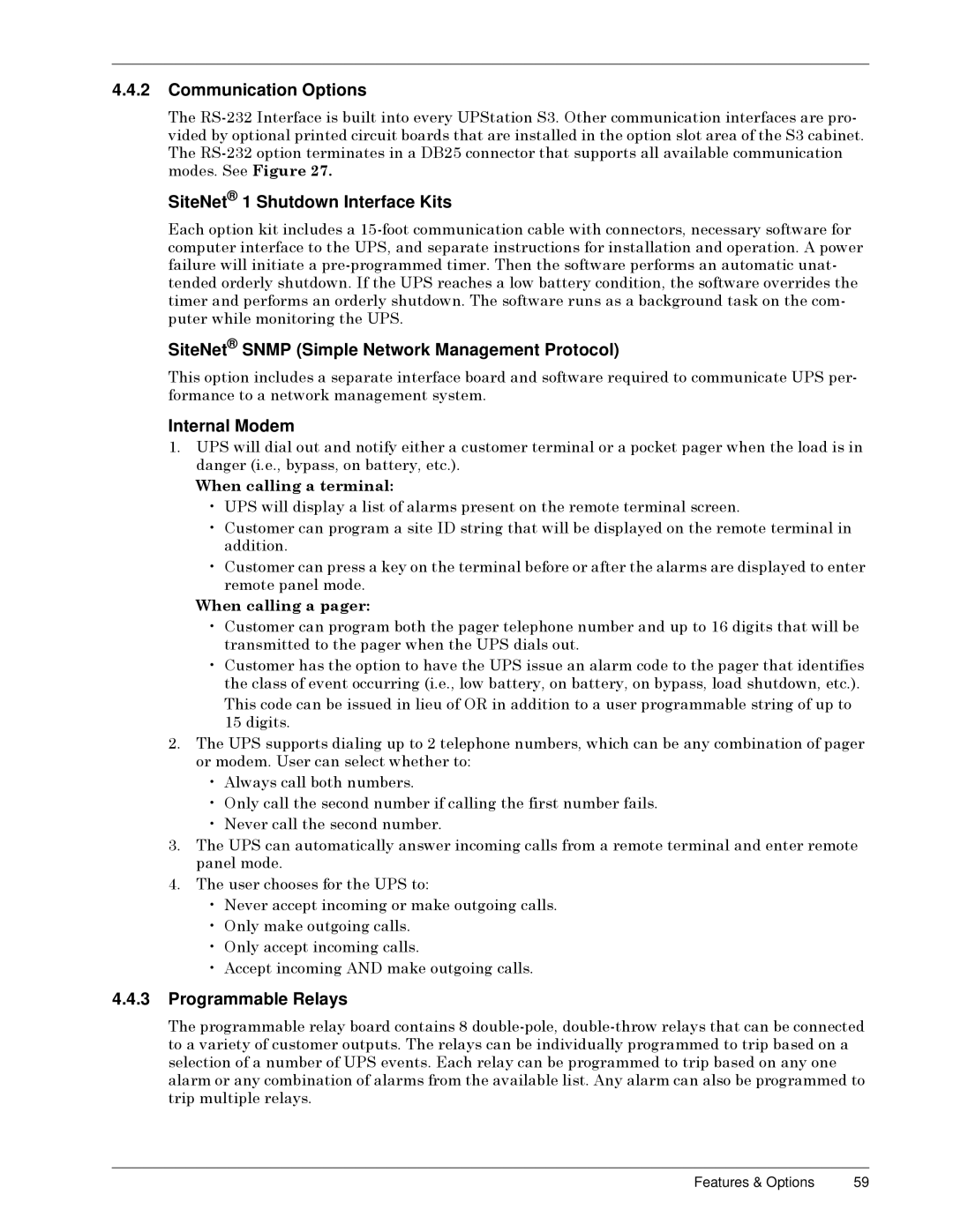 Liebert S3 Communication Options, SiteNet 1 Shutdown Interface Kits, SiteNet Snmp Simple Network Management Protocol 