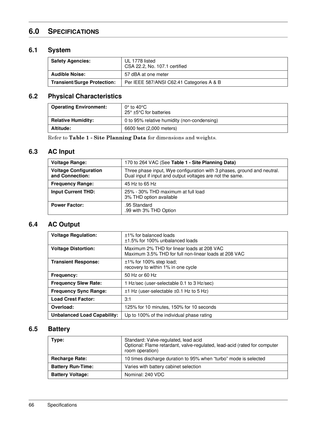 Liebert 50 and 60 Hz, S3 user manual System, Physical Characteristics, AC Input, AC Output, Battery 