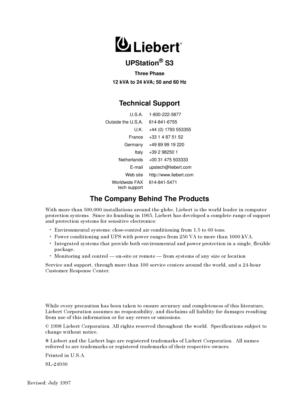 Liebert S3, 50 and 60 Hz user manual SDFNDJHï, XVWRPHUý5HVSRQVHý&HQWHUï, 5HYLVHGãý-XO\ýìääæ 