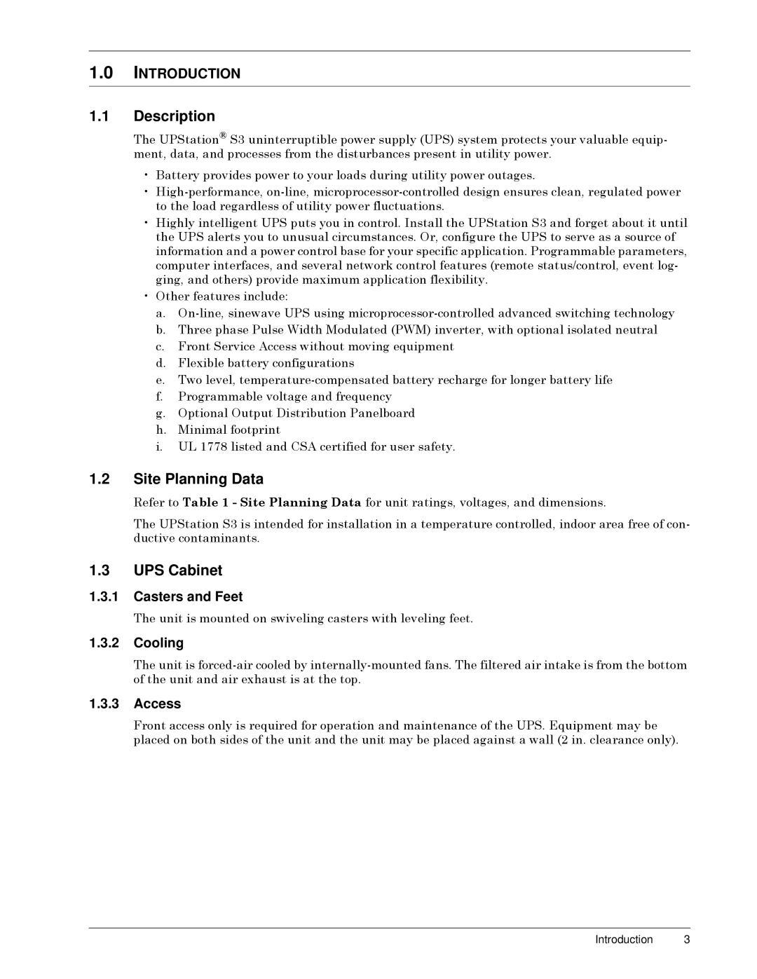 Liebert S3, 50 and 60 Hz user manual Description, Site Planning Data, UPS Cabinet 