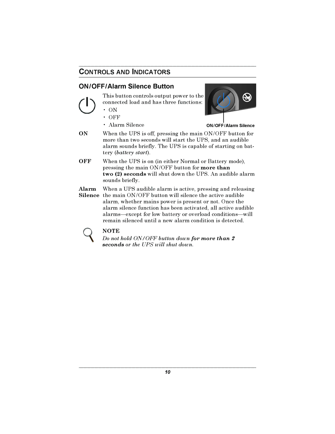 Liebert 500-650 VA user manual ON/OFF/Alarm Silence Button, Controls and Indicators 