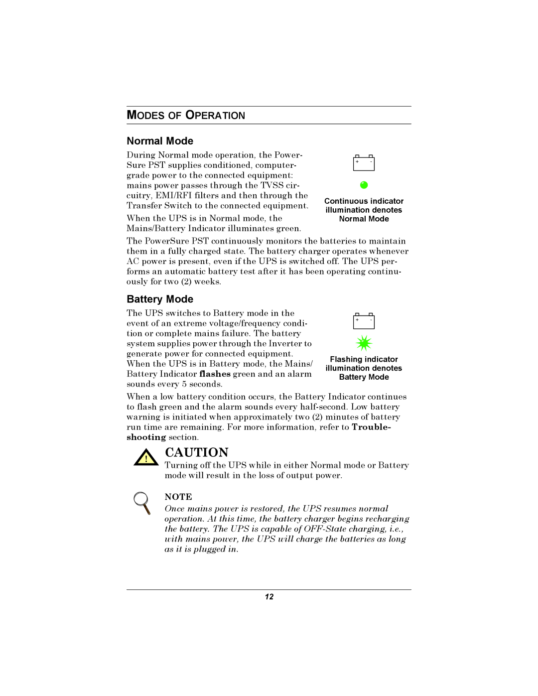 Liebert 500-650 VA user manual Normal Mode, Battery Mode, Modes of Operation 