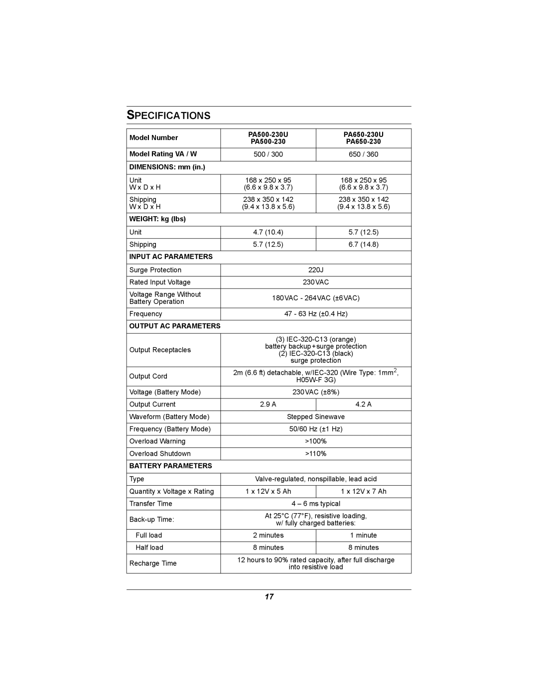 Liebert 500-650 VA user manual Specifications, Input AC Parameters 