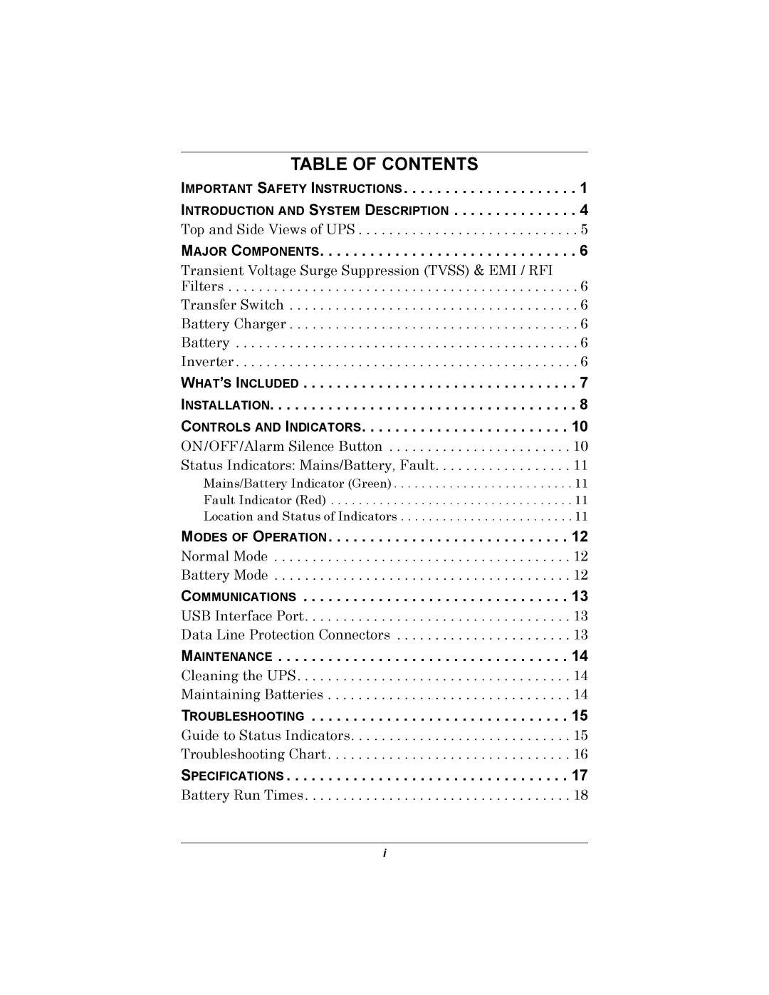 Liebert 500-650 VA user manual Table of Contents 