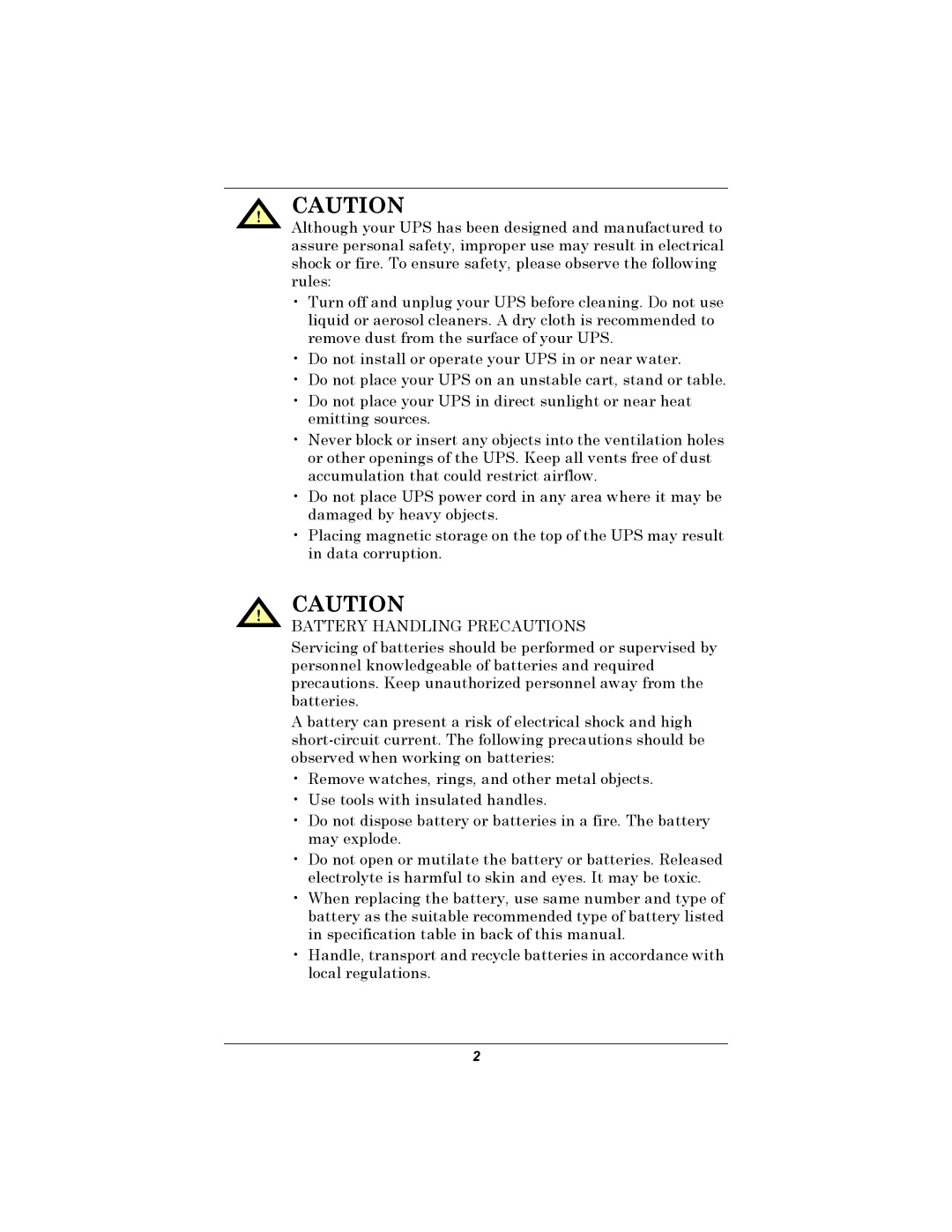 Liebert 500-650 VA user manual Battery Handling Precautions 