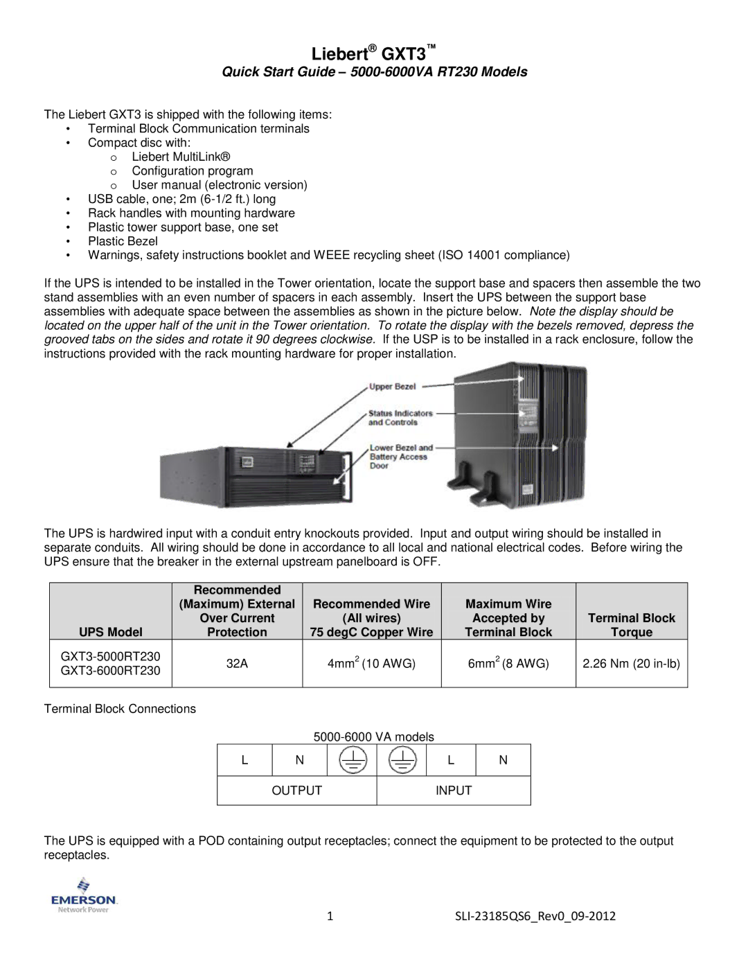 Liebert 5000RT230, 6000RT230 quick start Liebert GXT3, 1SLI-23185QS6Rev009-2012 