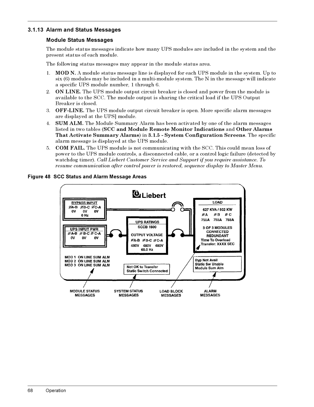 Liebert 600T manual Êïìïìê $ODUPýDQGý6WDWXVý0HVVDJHV 0RGXOHý6WDWXVý0HVVDJHV, UHDNHUýLVýFORVHGï, Çåýýýýýýýýýý2SHUDWLRQ 