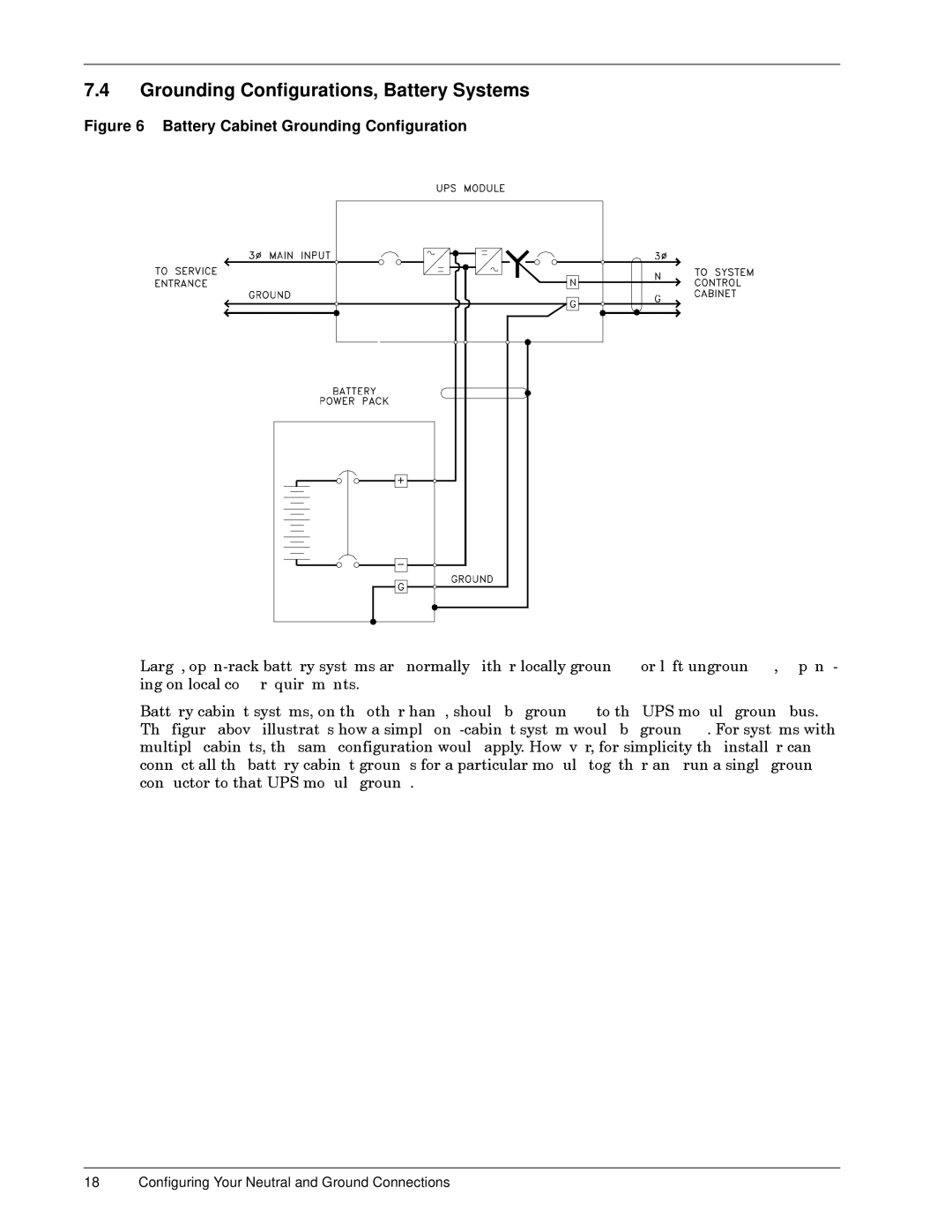 Liebert 600T installation manual Grounding Configurations, Battery Systems, Battery Cabinet Grounding Configuration 