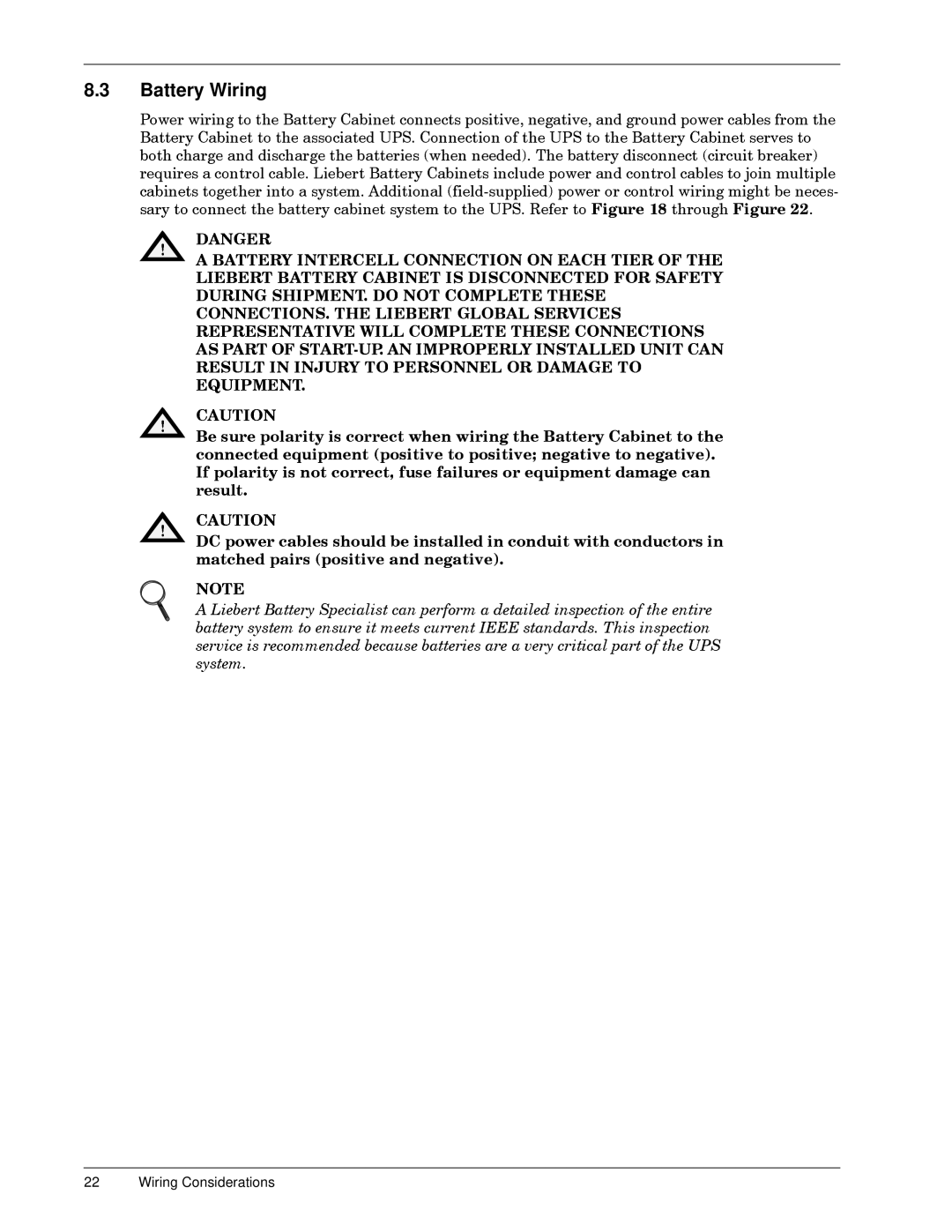 Liebert 600T installation manual Battery Wiring 