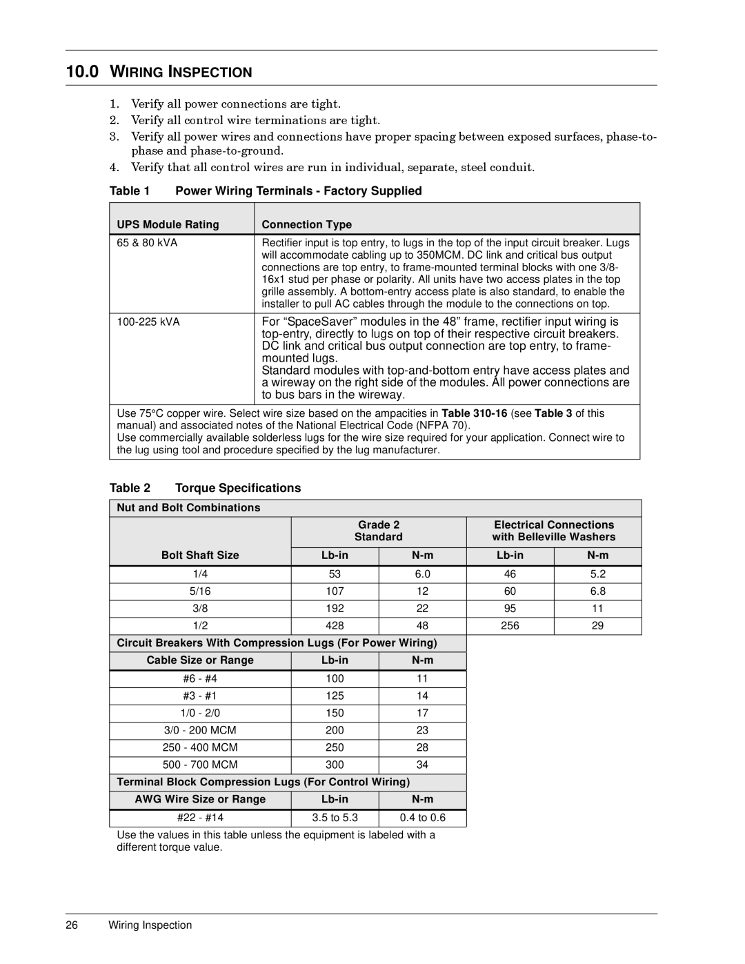 Liebert 600T installation manual Wiring Inspection 