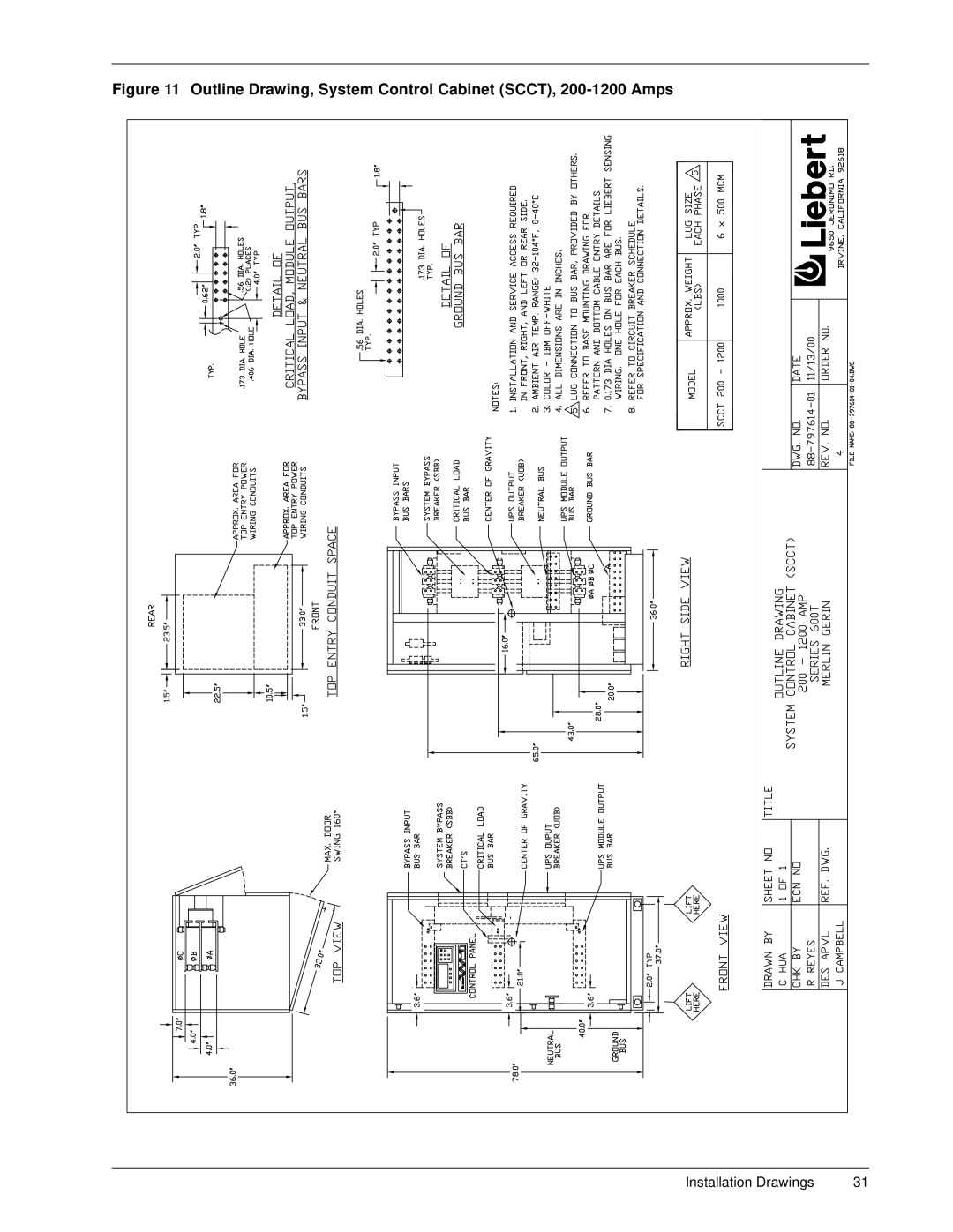 Liebert 600T installation manual Outline Drawing, System Control Cabinet SCCT, 200-1200 Amps 