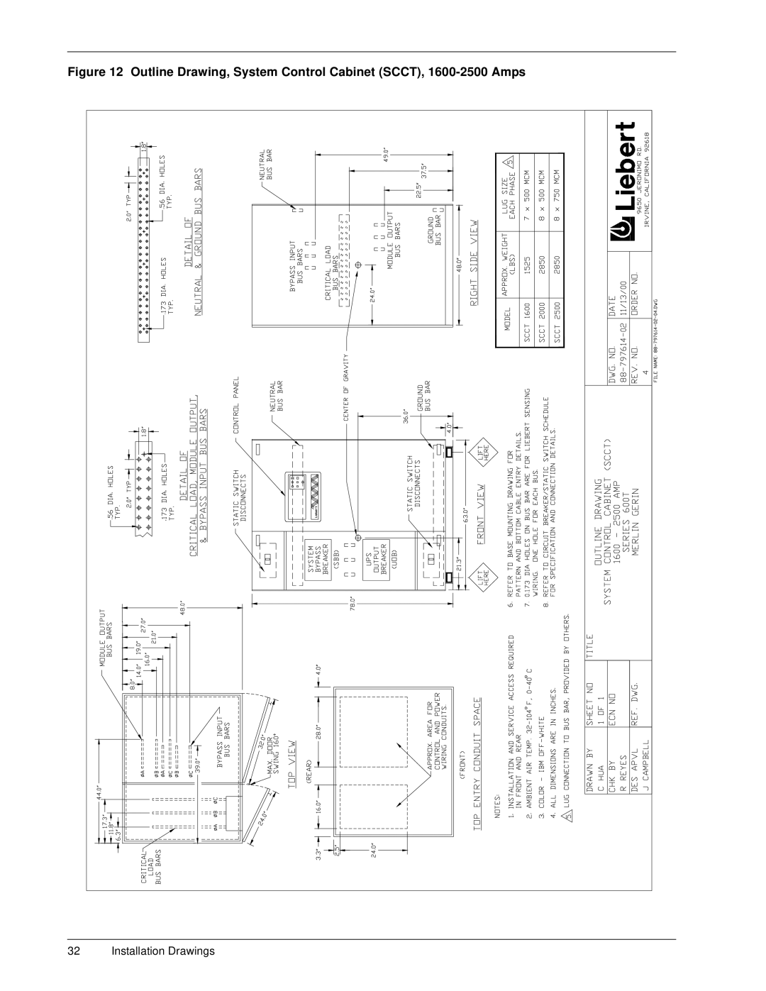 Liebert 600T installation manual Outline Drawing, System Control Cabinet SCCT, 1600-2500 Amps 