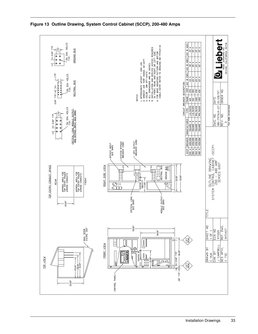 Liebert 600T installation manual Outline Drawing, System Control Cabinet SCCP, 200-480 Amps 