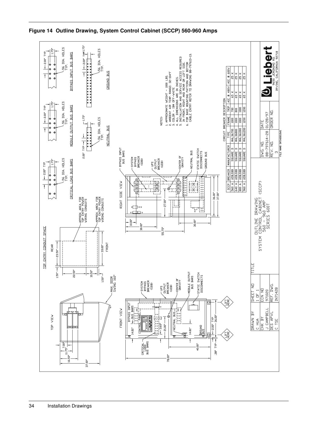 Liebert 600T installation manual Outline Drawing, System Control Cabinet Sccp 560-960 Amps 