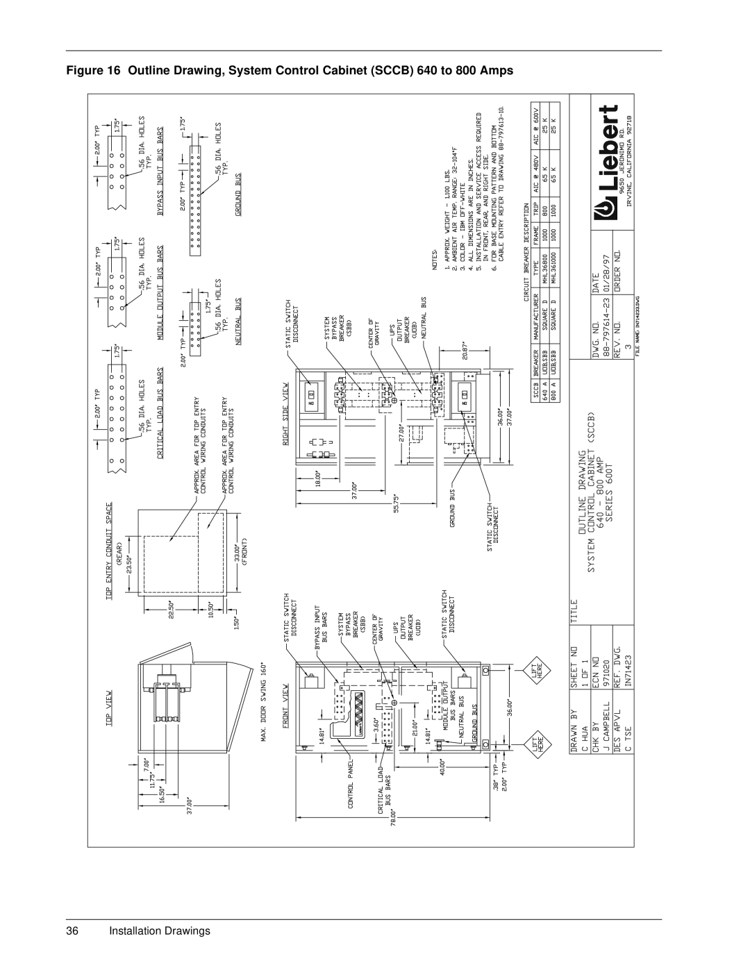 Liebert 600T installation manual Outline Drawing, System Control Cabinet Sccb 640 to 800 Amps 