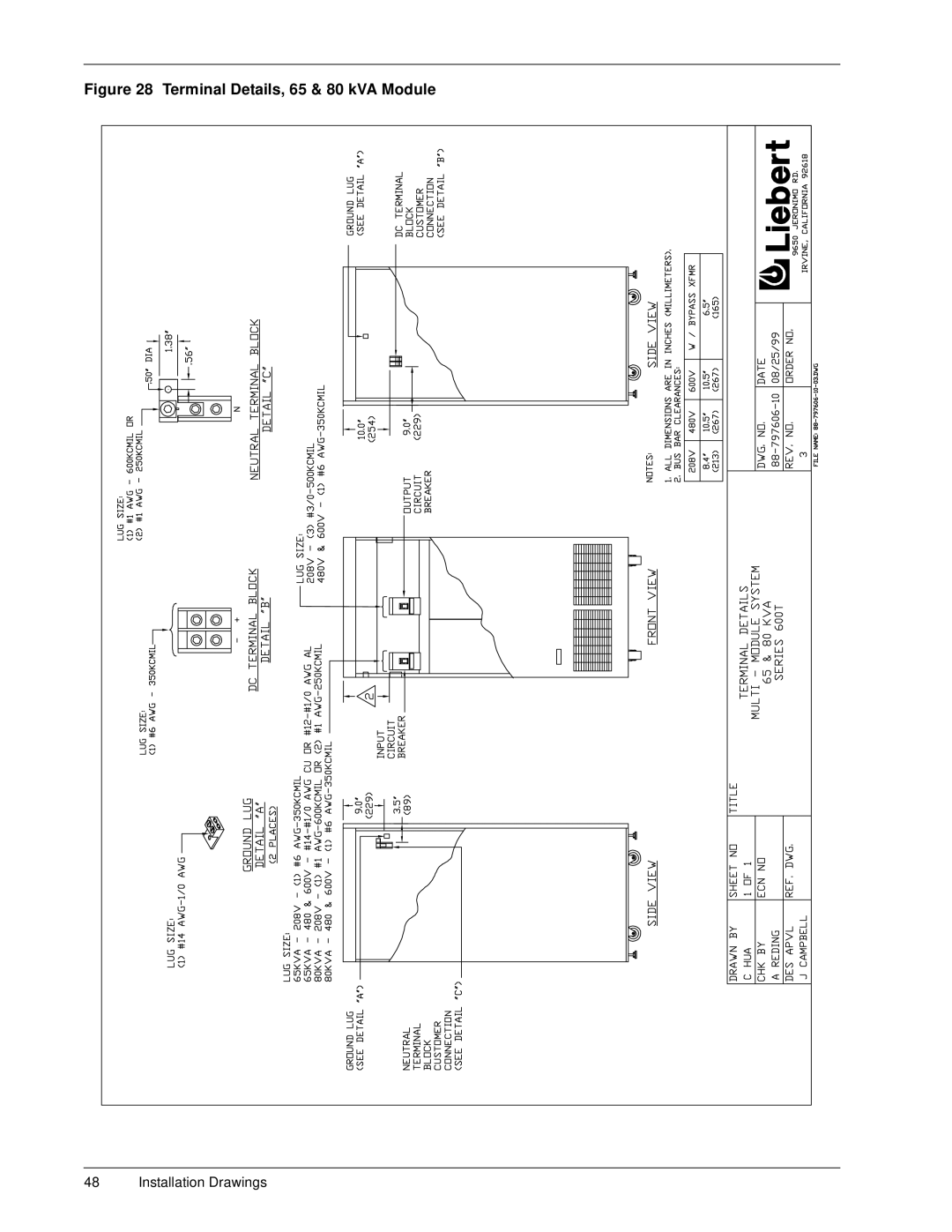 Liebert 600T installation manual Terminal Details, 65 & 80 kVA Module 