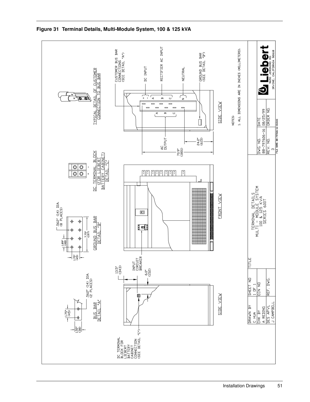 Liebert 600T installation manual Terminal Details, Multi-Module System, 100 & 125 kVA 