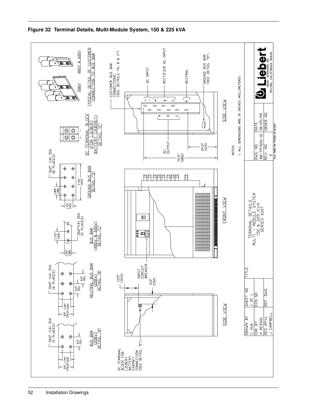 Liebert 600T installation manual Terminal Details, Multi-Module System, 150 & 225 kVA 