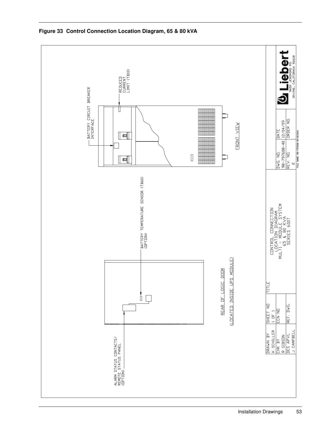 Liebert 600T installation manual Control Connection Location Diagram, 65 & 80 kVA 