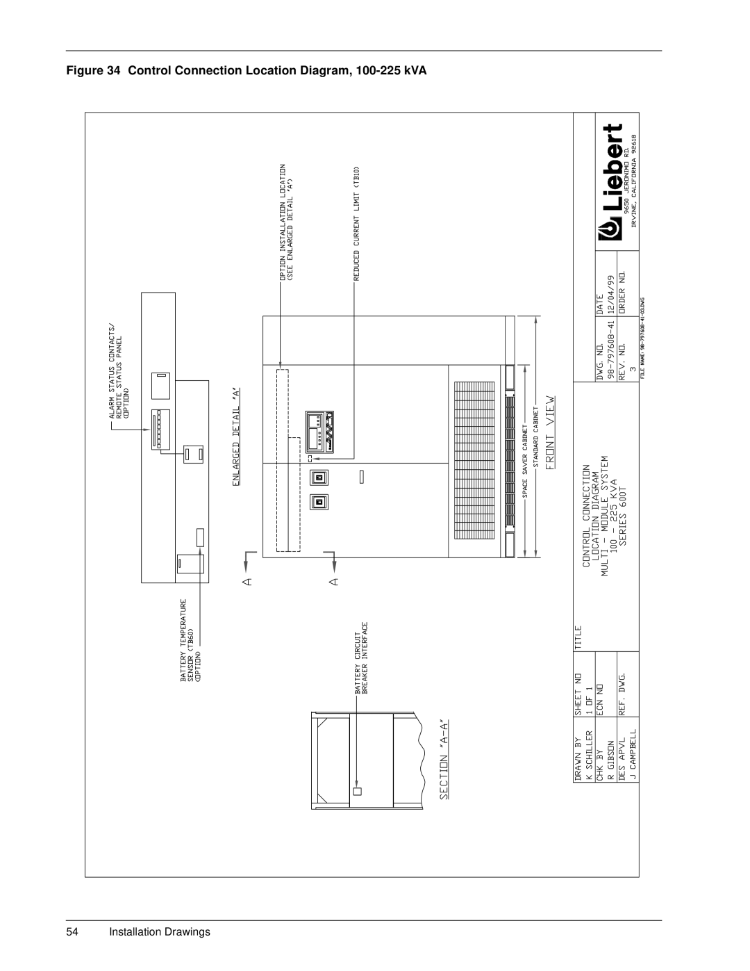 Liebert 600T installation manual Control Connection Location Diagram, 100-225 kVA 