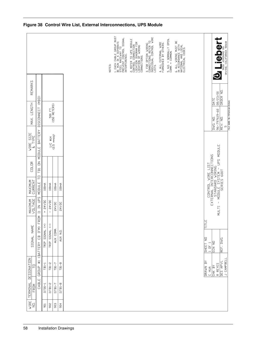 Liebert 600T installation manual Control Wire List, External Interconnections, UPS Module 