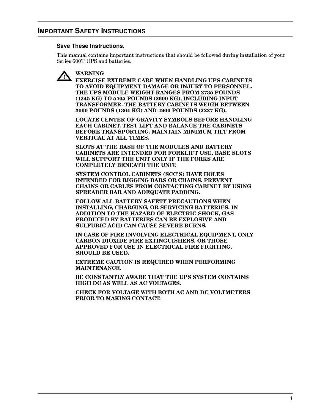 Liebert 600T installation manual Important Safety Instructions 