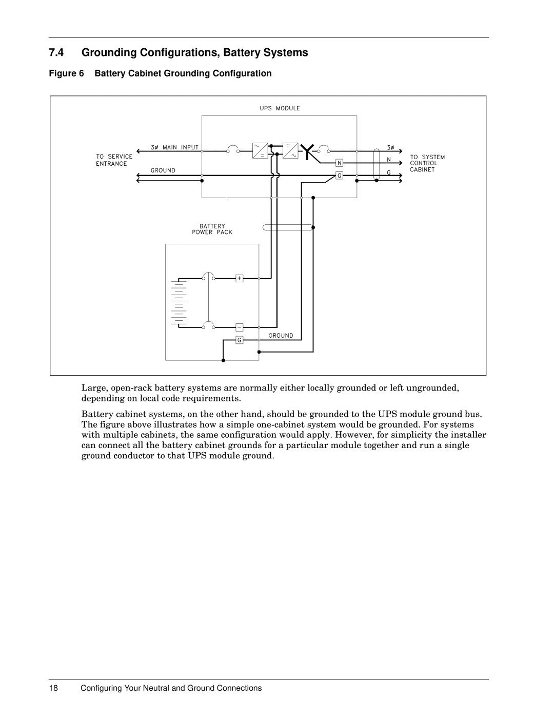 Liebert 600TTM installation manual Grounding Configurations, Battery Systems, Battery Cabinet Grounding Configuration 