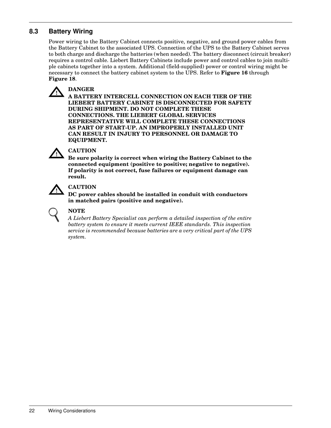 Liebert 600TTM installation manual Battery Wiring, Equipment 