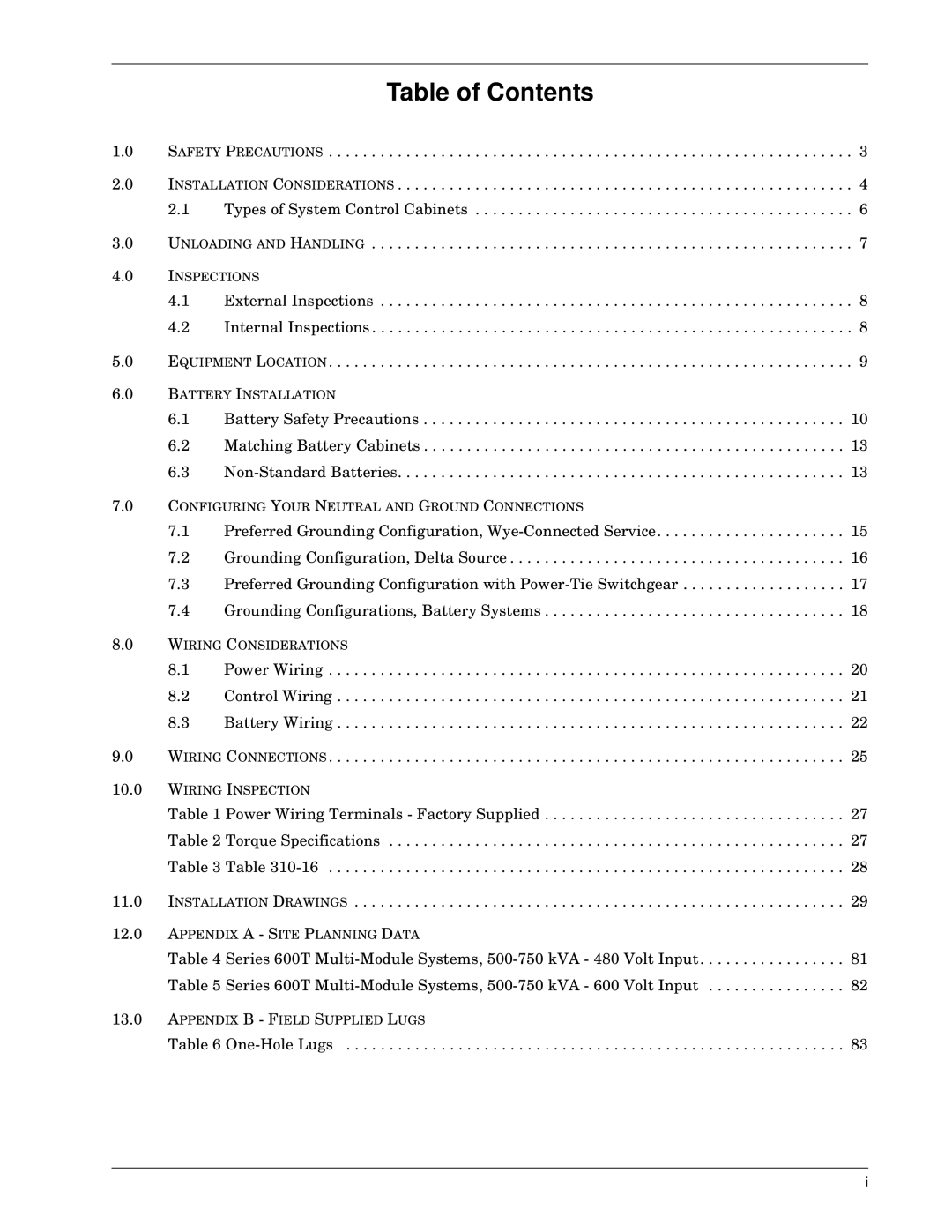 Liebert 600TTM installation manual Table of Contents 