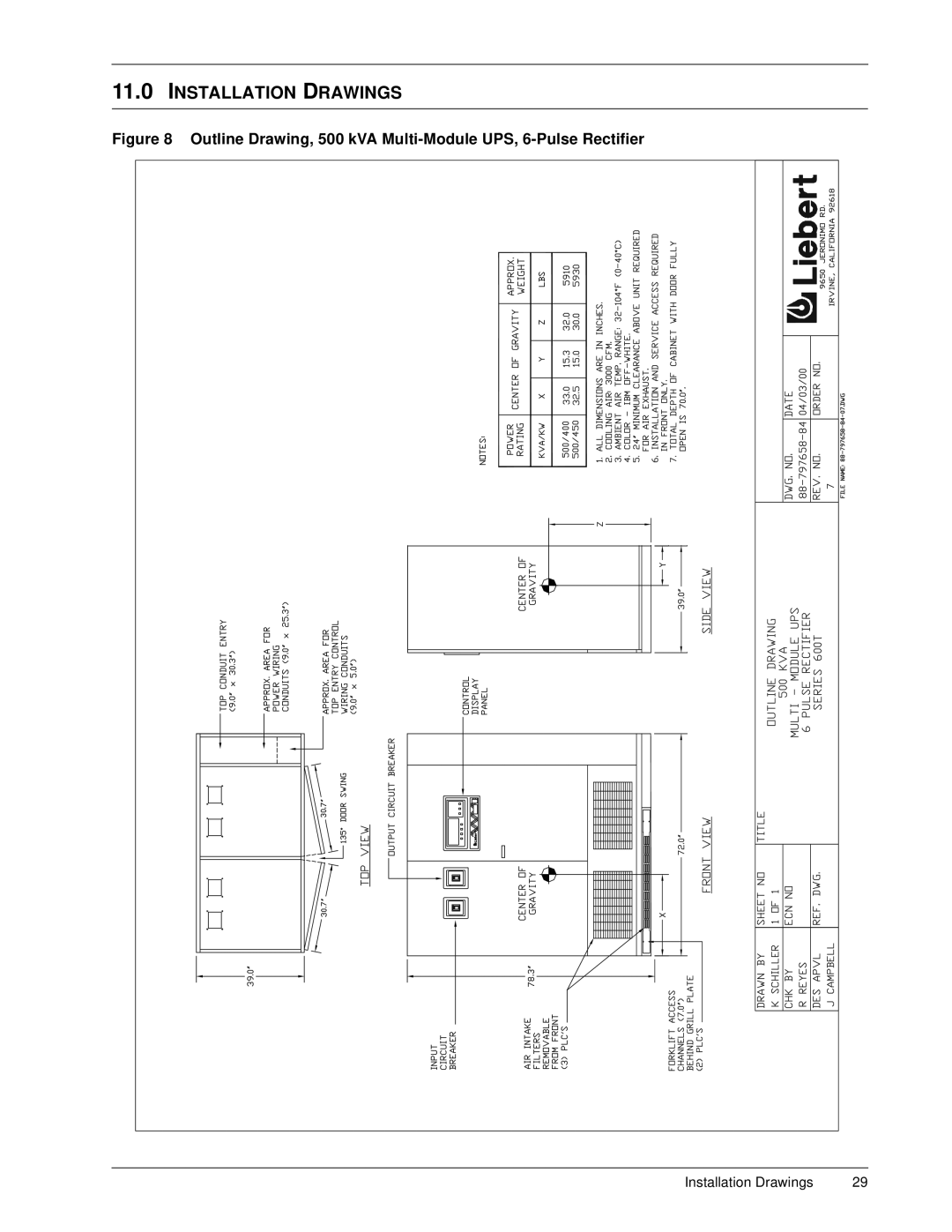 Liebert 600TTM installation manual Installation Drawings, Outline Drawing, 500 kVA Multi-Module UPS, 6-Pulse Rectifier 