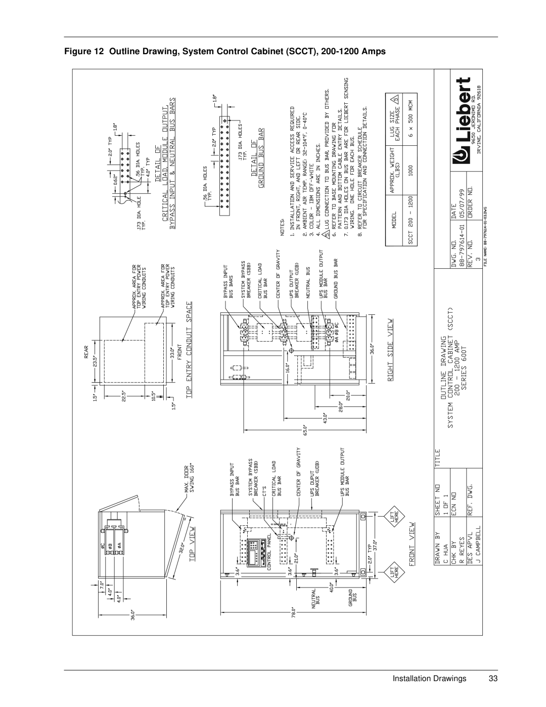 Liebert 600TTM installation manual Outline Drawing, System Control Cabinet SCCT, 200-1200 Amps 