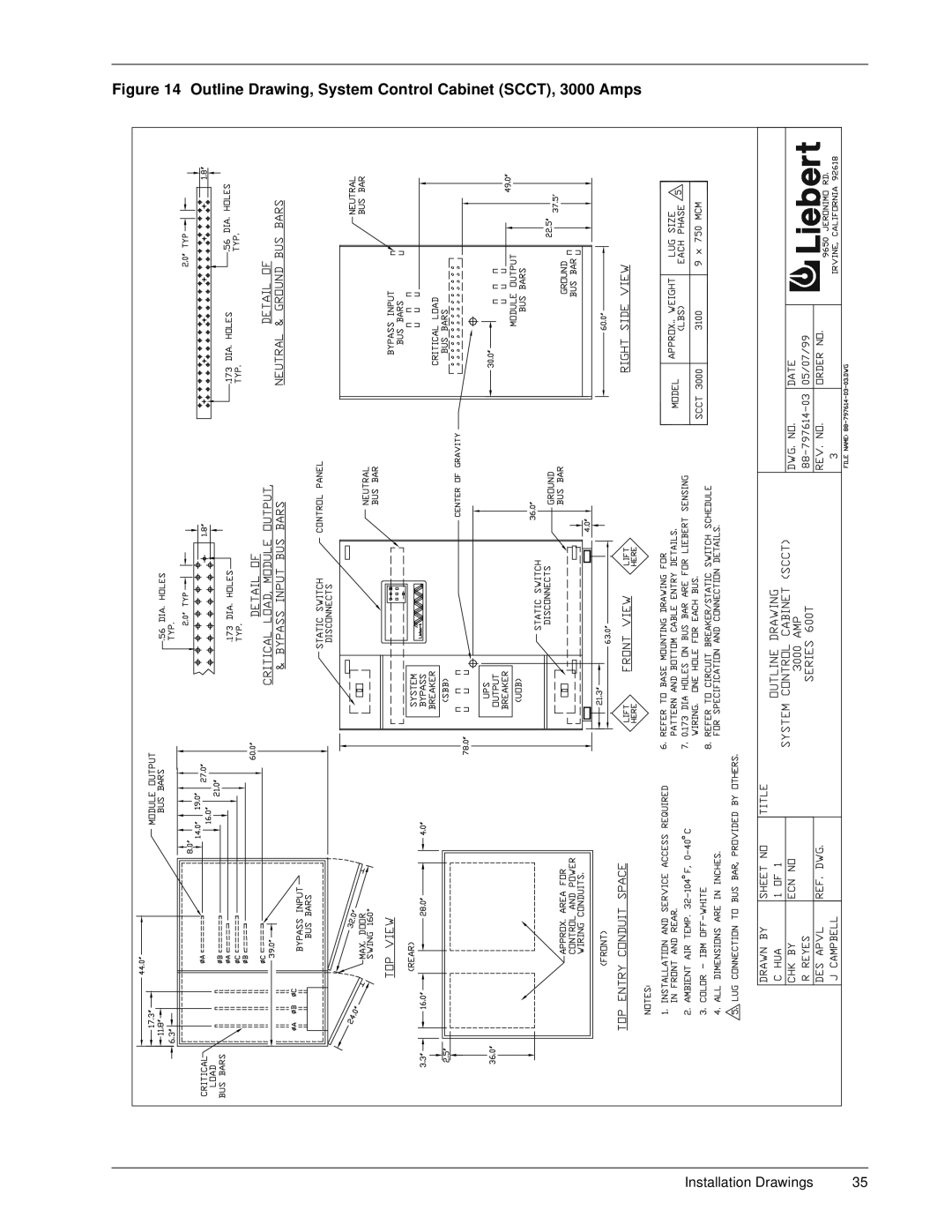 Liebert 600TTM installation manual Outline Drawing, System Control Cabinet SCCT, 3000 Amps 