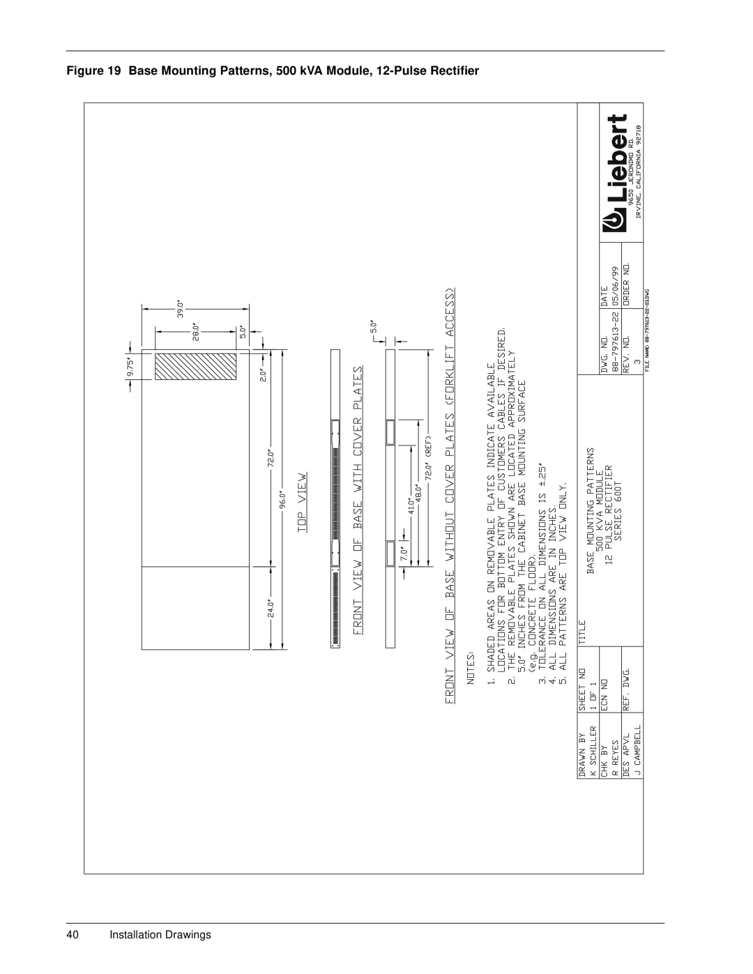 Liebert 600TTM installation manual Base Mounting Patterns, 500 kVA Module, 12-Pulse Rectifier 