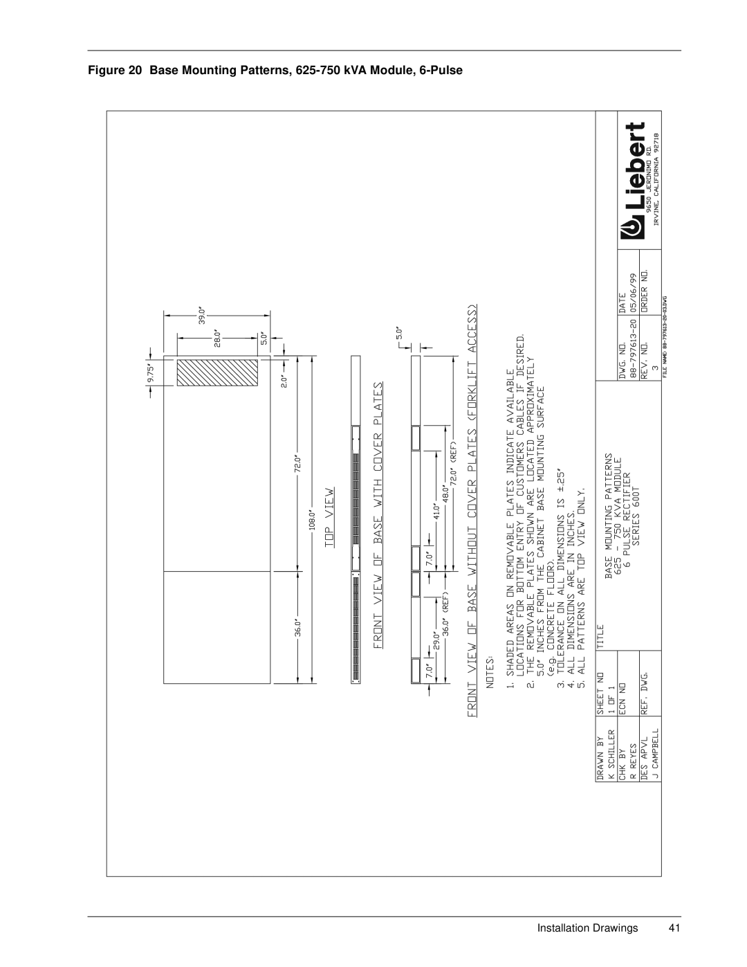 Liebert 600TTM installation manual Base Mounting Patterns, 625-750 kVA Module, 6-Pulse 