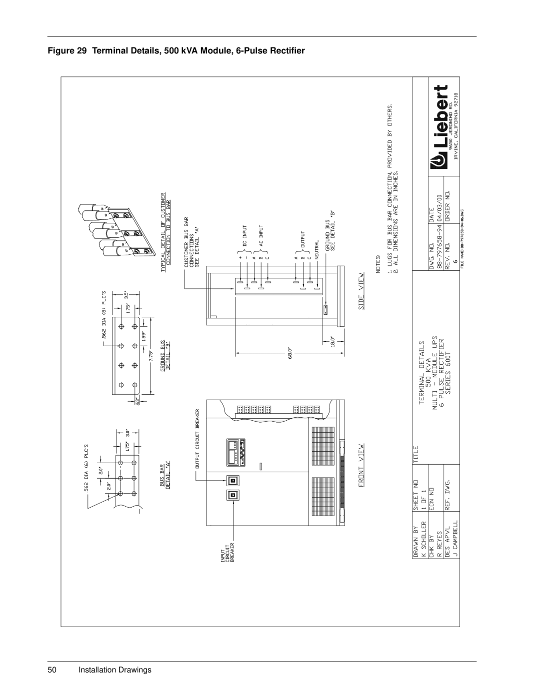 Liebert 600TTM installation manual Terminal Details, 500 kVA Module, 6-Pulse Rectifier 