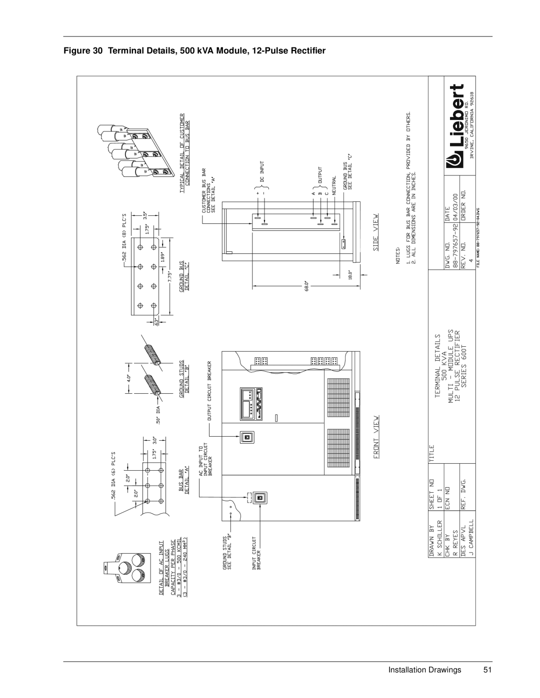 Liebert 600TTM installation manual Terminal Details, 500 kVA Module, 12-Pulse Rectifier 