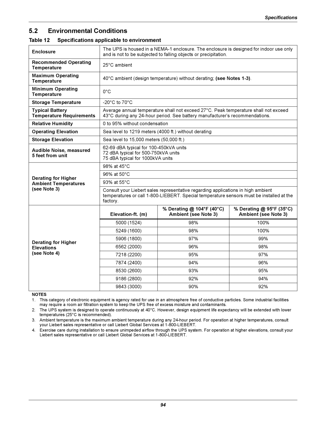 Liebert 610 manual Environmental Conditions, Specifications applicable to environment 