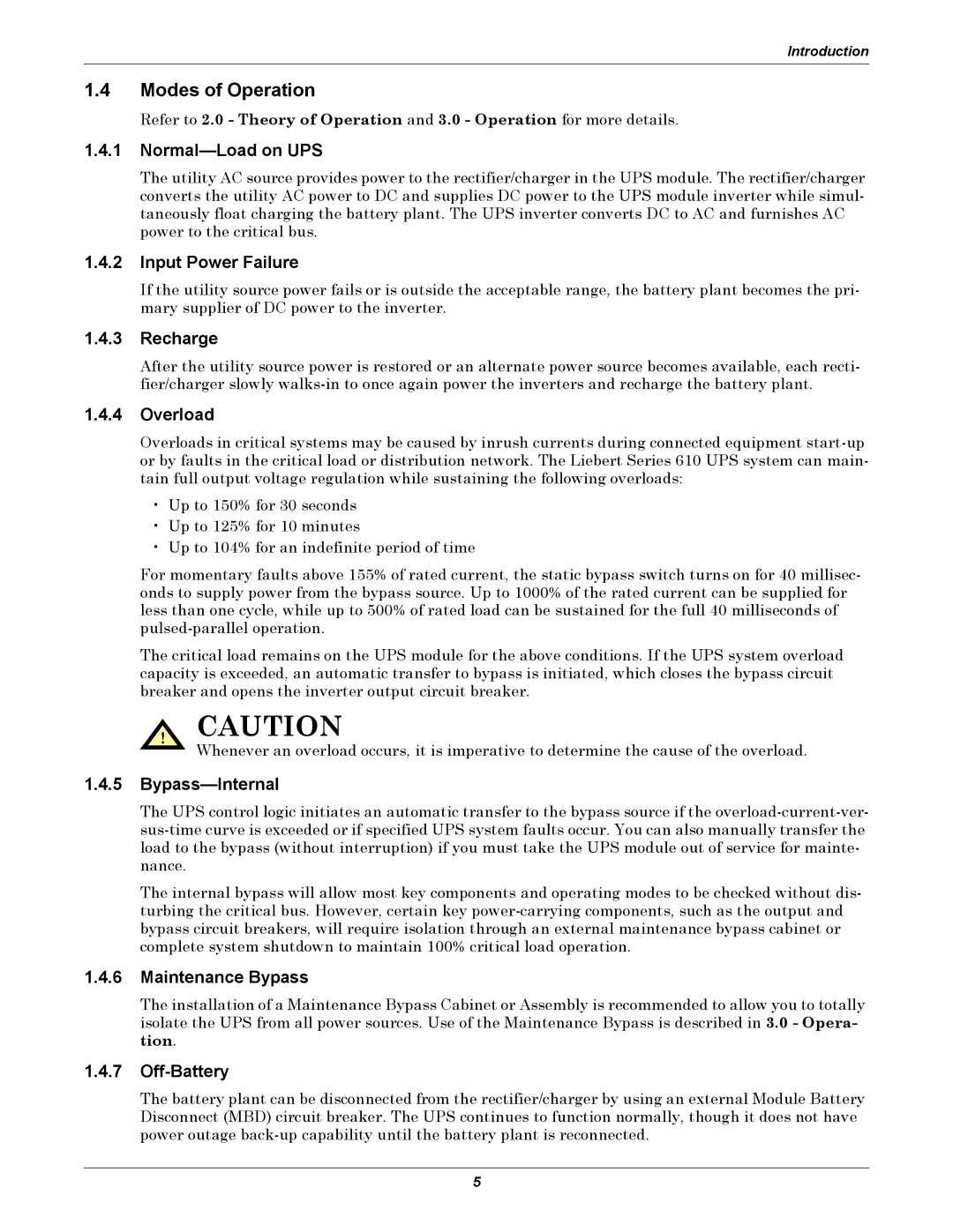 Liebert 610 manual Modes of Operation 