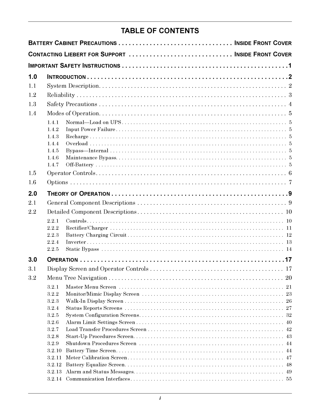 Liebert 610 manual Table of Contents 