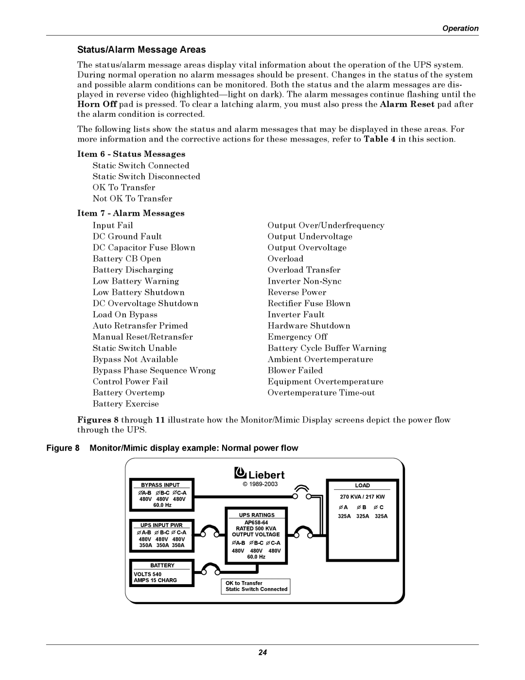 Liebert 610 manual Status/Alarm Message Areas, Item 6 Status Messages, Item 7 Alarm Messages 