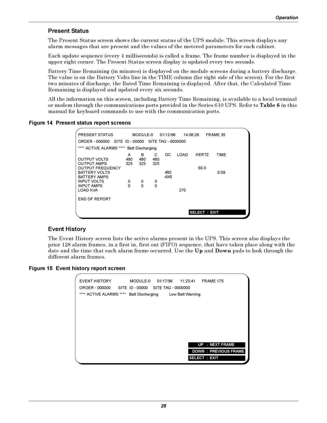 Liebert 610 manual Present Status, Event History 