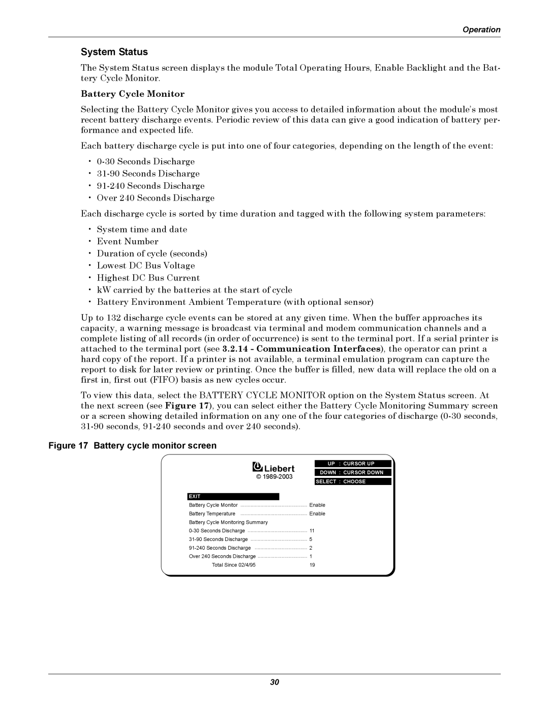 Liebert 610 manual System Status, Battery Cycle Monitor 