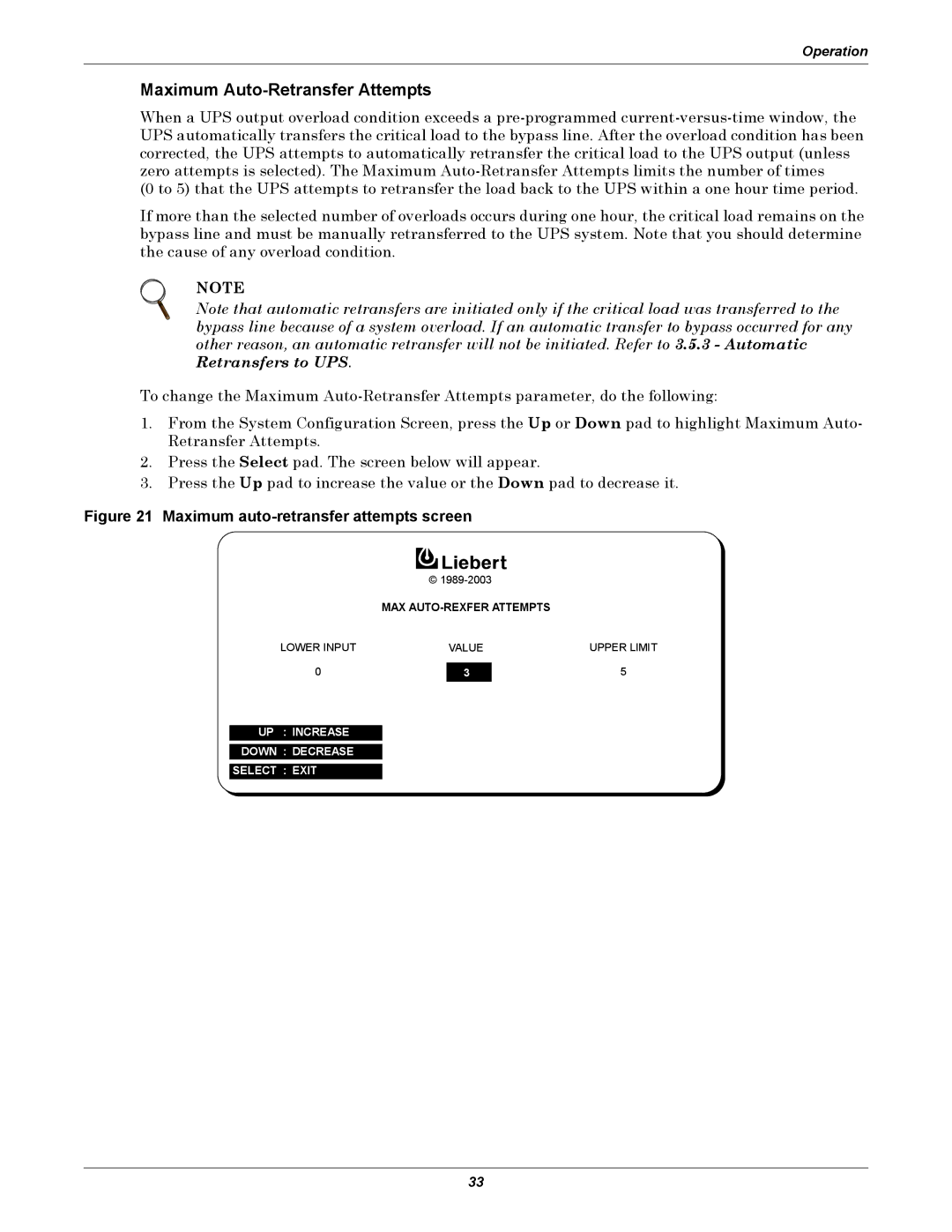 Liebert 610 manual Maximum Auto-Retransfer Attempts, Maximum auto-retransfer attempts screen 