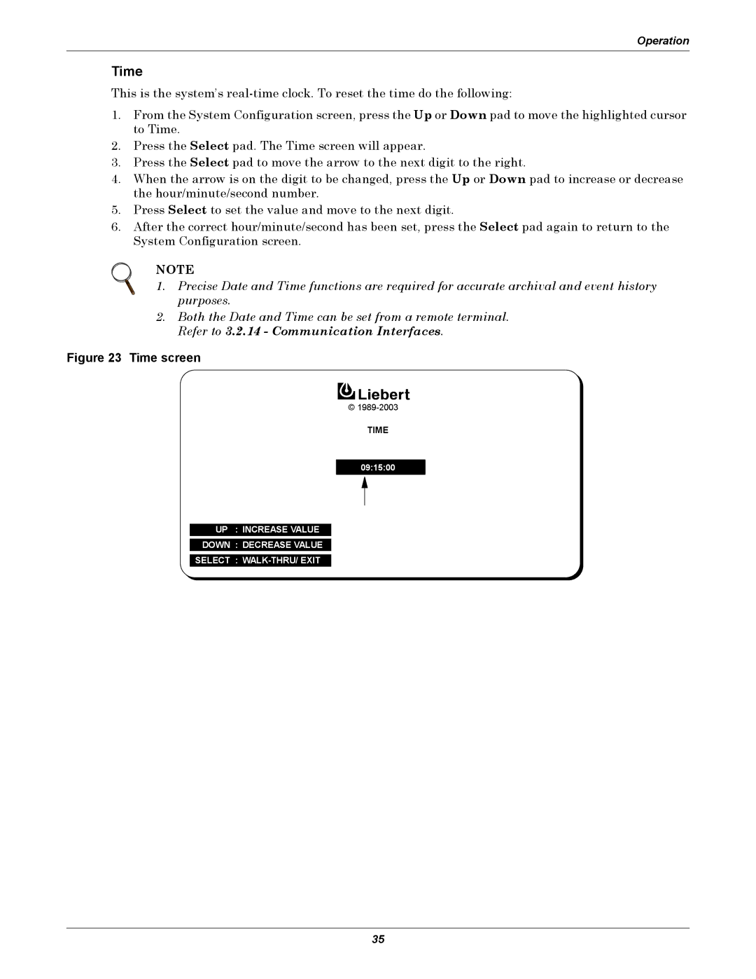 Liebert 610 manual Time screen 