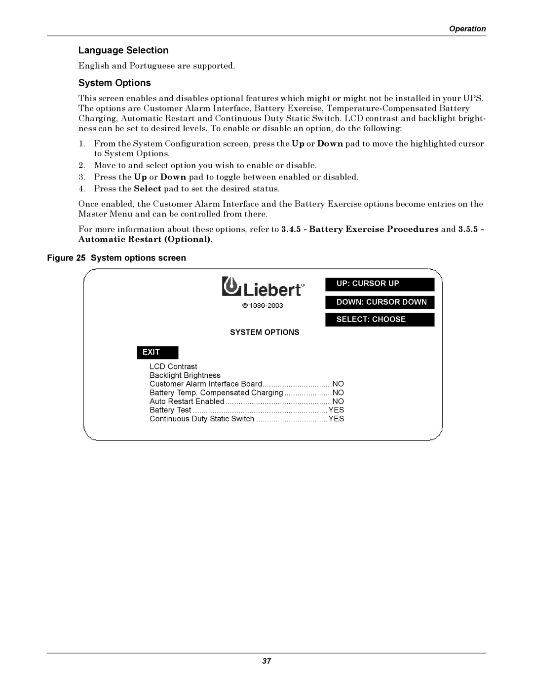 Liebert 610 manual Language Selection, System Options 