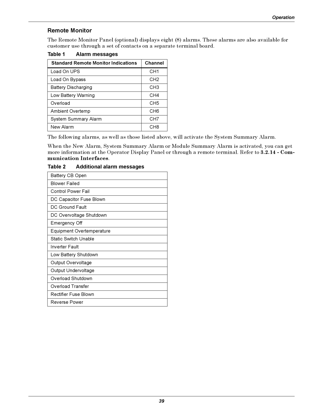 Liebert 610 manual Alarm messages, Additional alarm messages, Standard Remote Monitor Indications Channel 