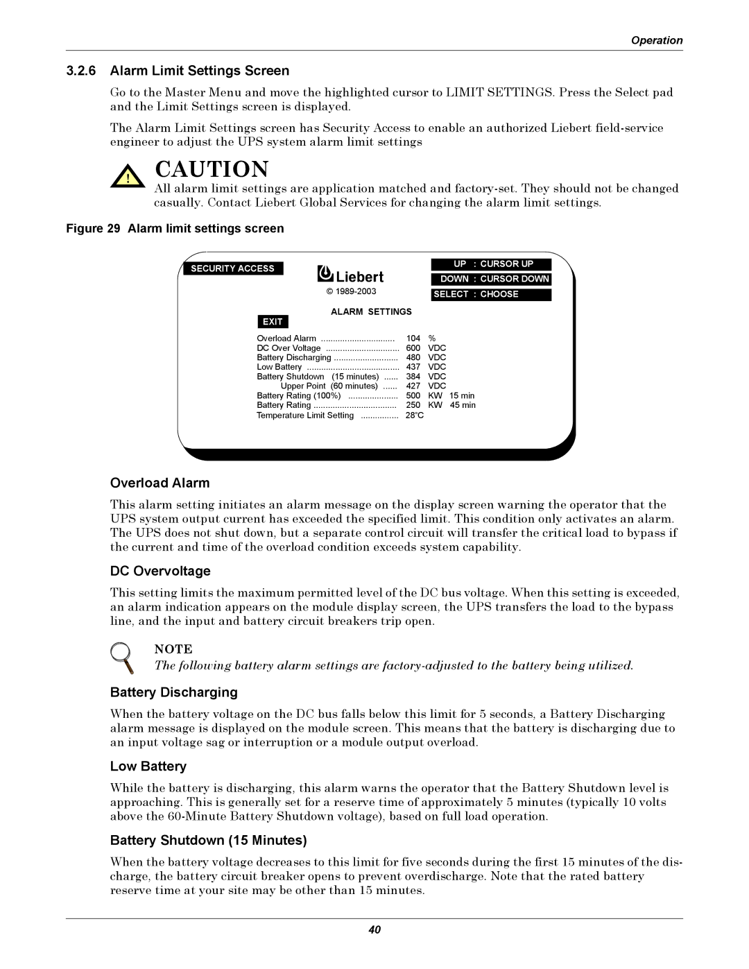 Liebert 610 manual Alarm Limit Settings Screen, Overload Alarm, DC Overvoltage, Battery Discharging, Low Battery 